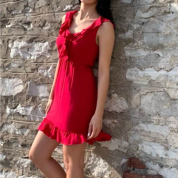 Dresses & Skirts - Elegant Red Ruffle Dress V Neckline Size S